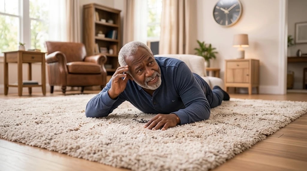 An older man lying on a rug after a fall, in a bright living room