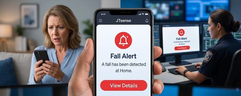 A phone showing a JTsense Fall Alert, with a worried daughter and an emergency dispatcher in the background