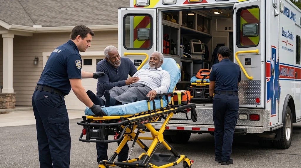 Paramedics helping an older man onto a stretcher beside an ambulance