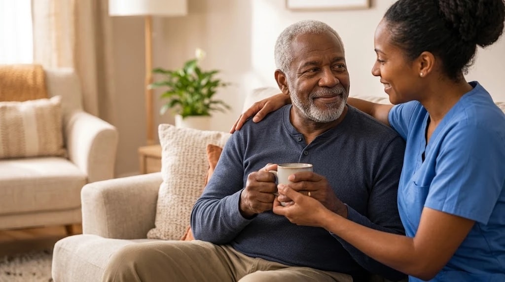 A smiling older man holding a mug, with his caregiver beside him